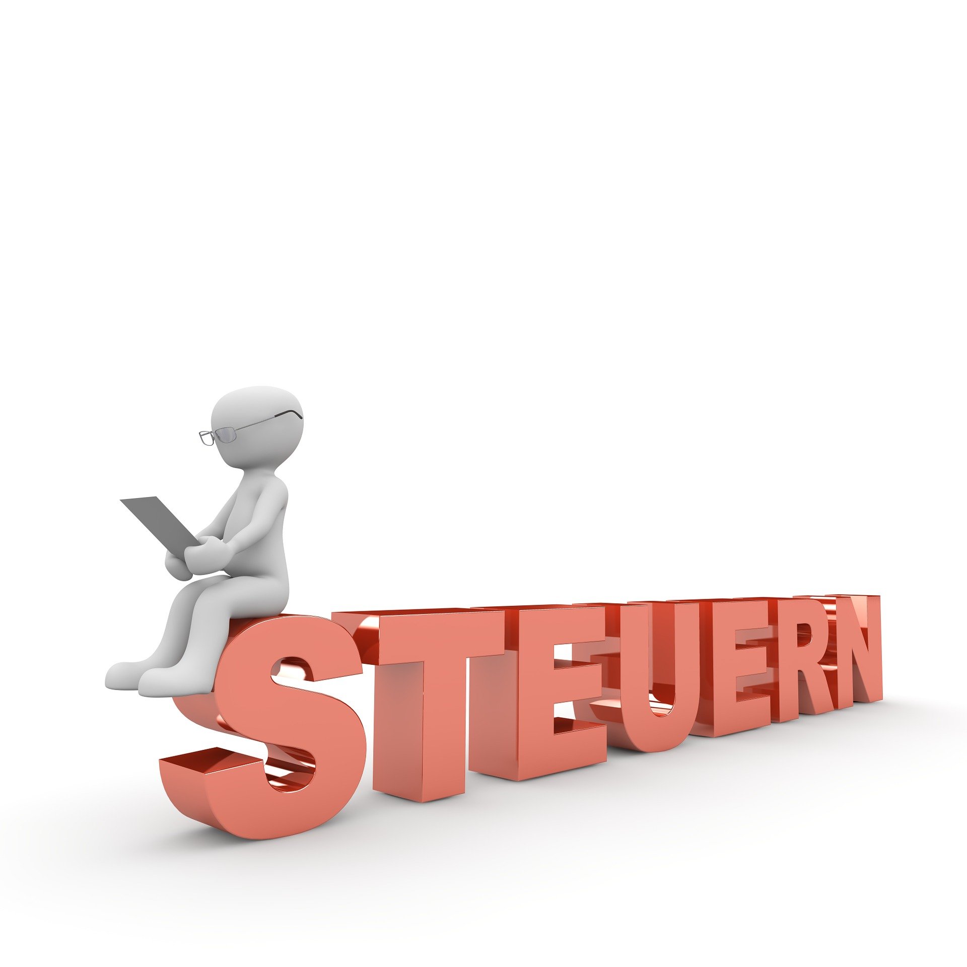 Ein roter Schriftzug "Steuern" auf dem eine weiße Comicfigur sitzt.