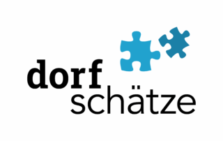 Logo Dorfschätze schwarze Schrift mit blauen Puzzleteilen