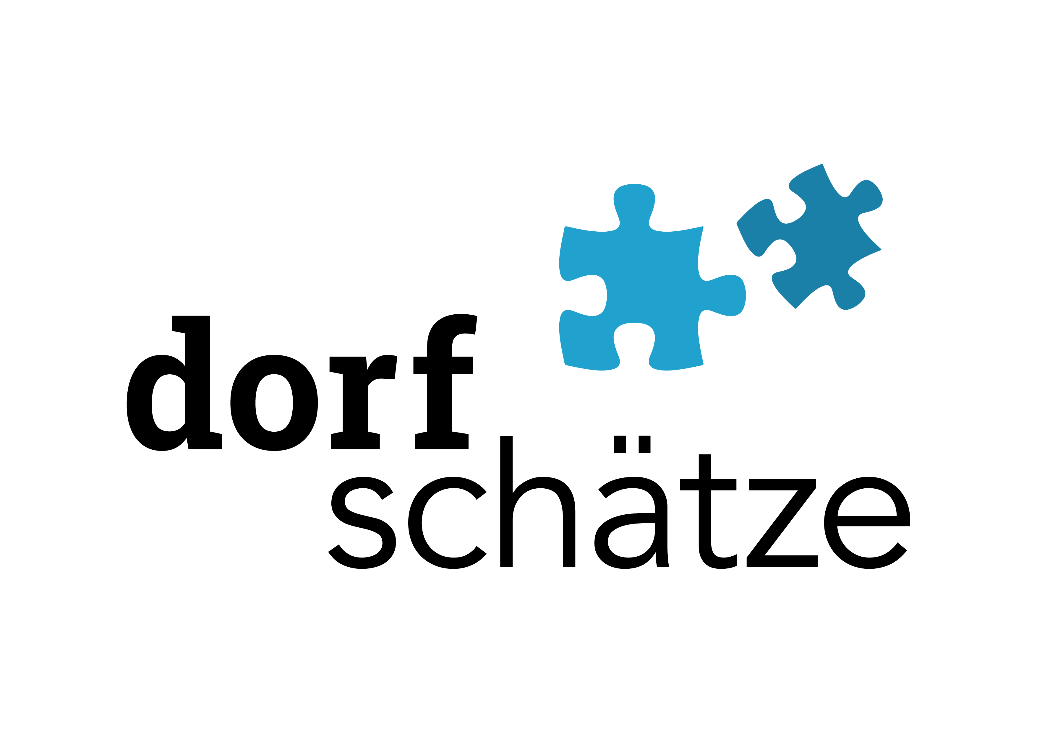 Logo Dorfschätze schwarze Schrift mit blauen Puzzleteilen